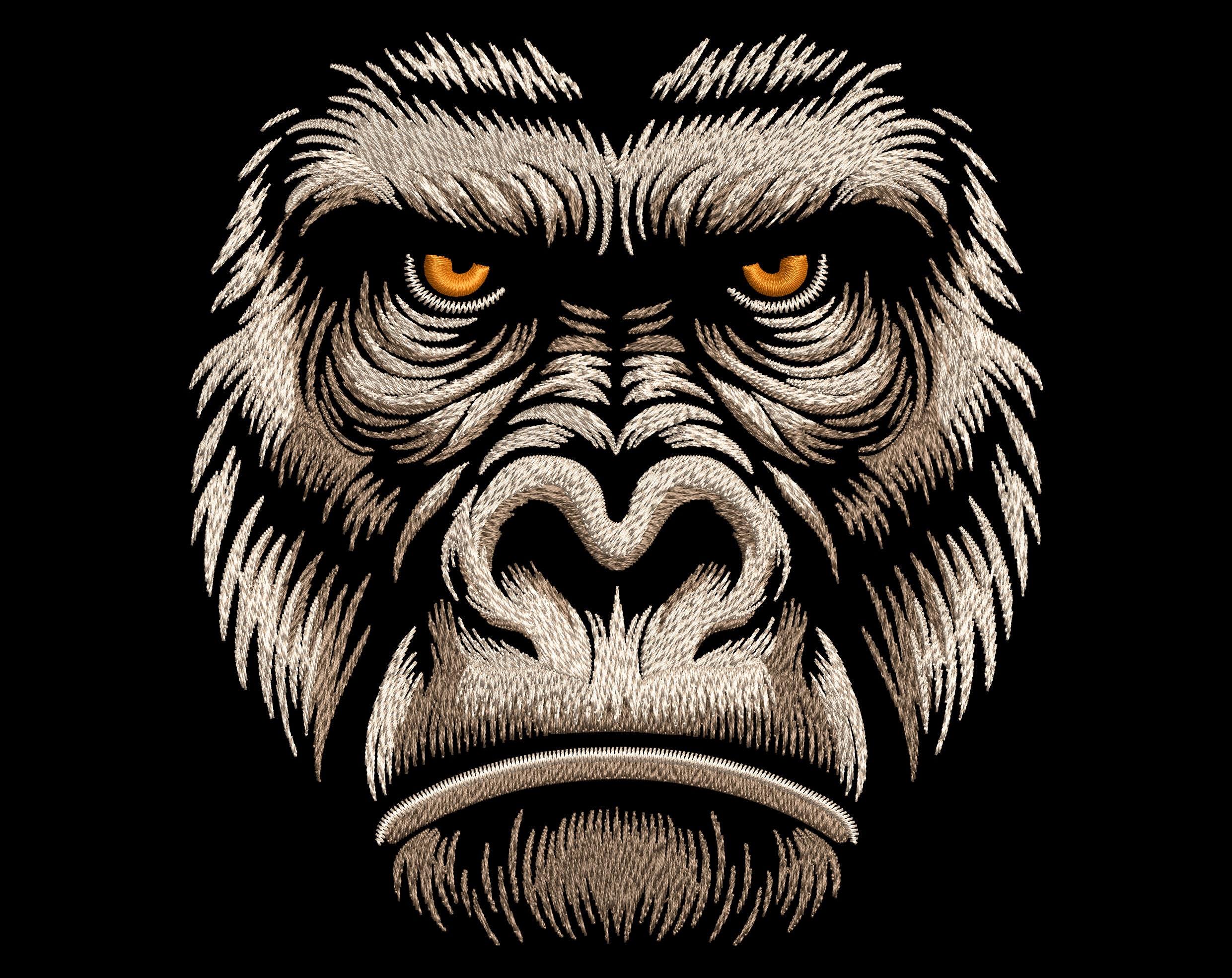 Gorilla Face Embroidery Design - Realistic Wild Animal for Dark Fabric, Fill Stitch Monkey Head, Ape Primate PES, Nature Pattern Files