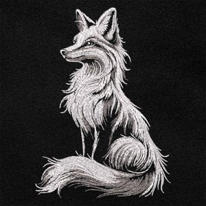 May include: A white embroidered fox sitting with its tail curled around its body. The fox is on a black background.