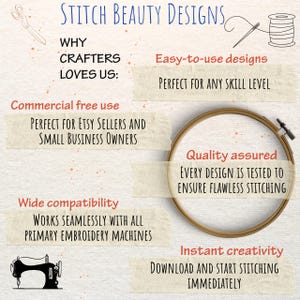 May include: An advertisement for Stitch Beauty Designs, featuring a wooden embroidery hoop, a sewing machine illustration, and text highlighting features like commercial-free use and easy-to-use designs. The text also mentions compatibility with embroidery machines.