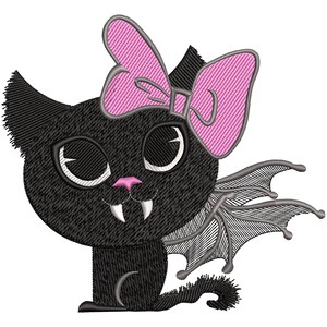 May include: A black cat with pink bow and gray bat wings. The cat has large eyes and fangs.