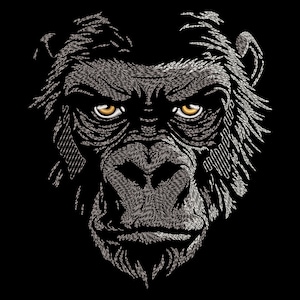 Może przedstawiać: Zbliżenie czarno-białego rysunku twarzy goryla. Goryl ma poważny wyraz twarzy z zamkniętymi ustami i patrzy bezpośrednio na widza. Futro goryla jest przedstawione z fakturowanym wzorem.