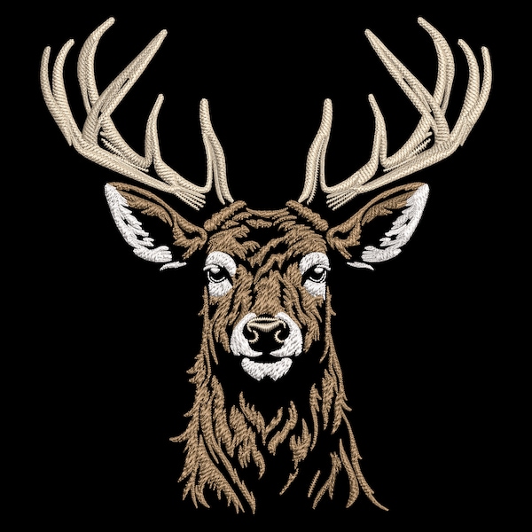 Realistic Deer Head Embroidery Design - Big Antlered Buck on Dark Fabric - Fill Stitch PES - Perfect Gift for Nature Lovers