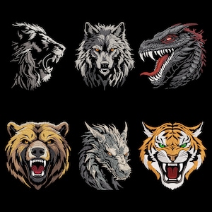 Fierce Predators Embroidery Designs Bundle, Strong Bear, Angry Tiger, Mystical Wolf & Dragons, Lion Head, Realistic Fantasy Animals PES file
