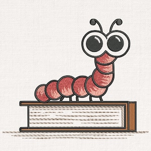 May include: An embroidered design of a cartoon-style bookworm with large eyes and a segmented red body. The worm is perched on top of a closed book with brown edges and a light-colored page block. The background is a textured white.