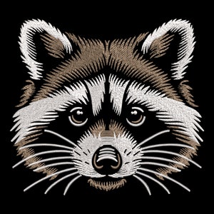 May include: Embroidered illustration of a raccoon's face with brown and white fur. The raccoon has a black nose and small, dark eyes.