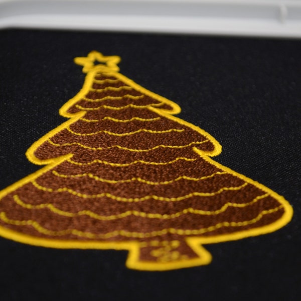Golden Christmas Tree Embroidery Design - Brown Pine Elegance - Star-Topped Holiday Artistry for Festive Fabrics - Merry Celebratory