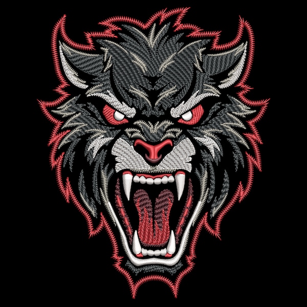 Halloween Sketch Beast Embroidery Design - Cartoon Wolf with Angry Red Eyes, Light Stitch for Dark Fabric, Captivating Wild Animal Head