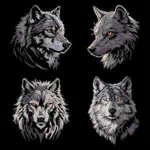 Könnte beinhalten: Vier Schwarzweiß-Illustrationen von Wölfen mit unterschiedlichen Gesichtsausdrücken. Die Wölfe sind in einem realistischen Stil mit detailliertem Fell und Gesichtszügen dargestellt.
