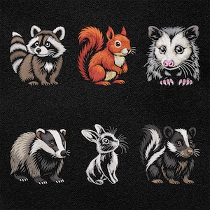 May include: Embroidered patches featuring six different woodland creatures: a raccoon, squirrel, opossum, badger, rabbit, and skunk. Each animal is depicted in a detailed, cartoon-like style with a black background.