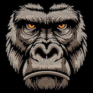 May include: Close-up of a gorilla's face with a textured, embroidered look. The gorilla has a serious expression with furrowed brows and intense, orange eyes.