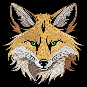 May include: A close-up of a fox's face with green eyes, a brown nose, and white fur around the mouth. The fox's fur is a mix of orange, brown, and white.
