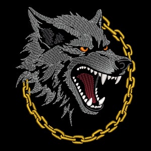 May include: A snarling wolf's head with a gold chain around its neck. The wolf's eyes are orange, and its mouth is open, revealing sharp teeth.