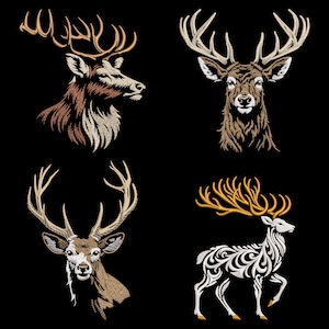 May include: Four embroidered images of deer with antlers. The deer are in different poses and have different colored antlers. The background is black.