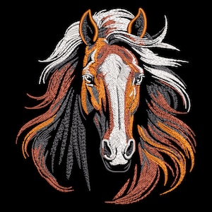 May include: Embroidered image of a horse's head with a long flowing mane. The horse has a brown and white coat with a white blaze on its face.
