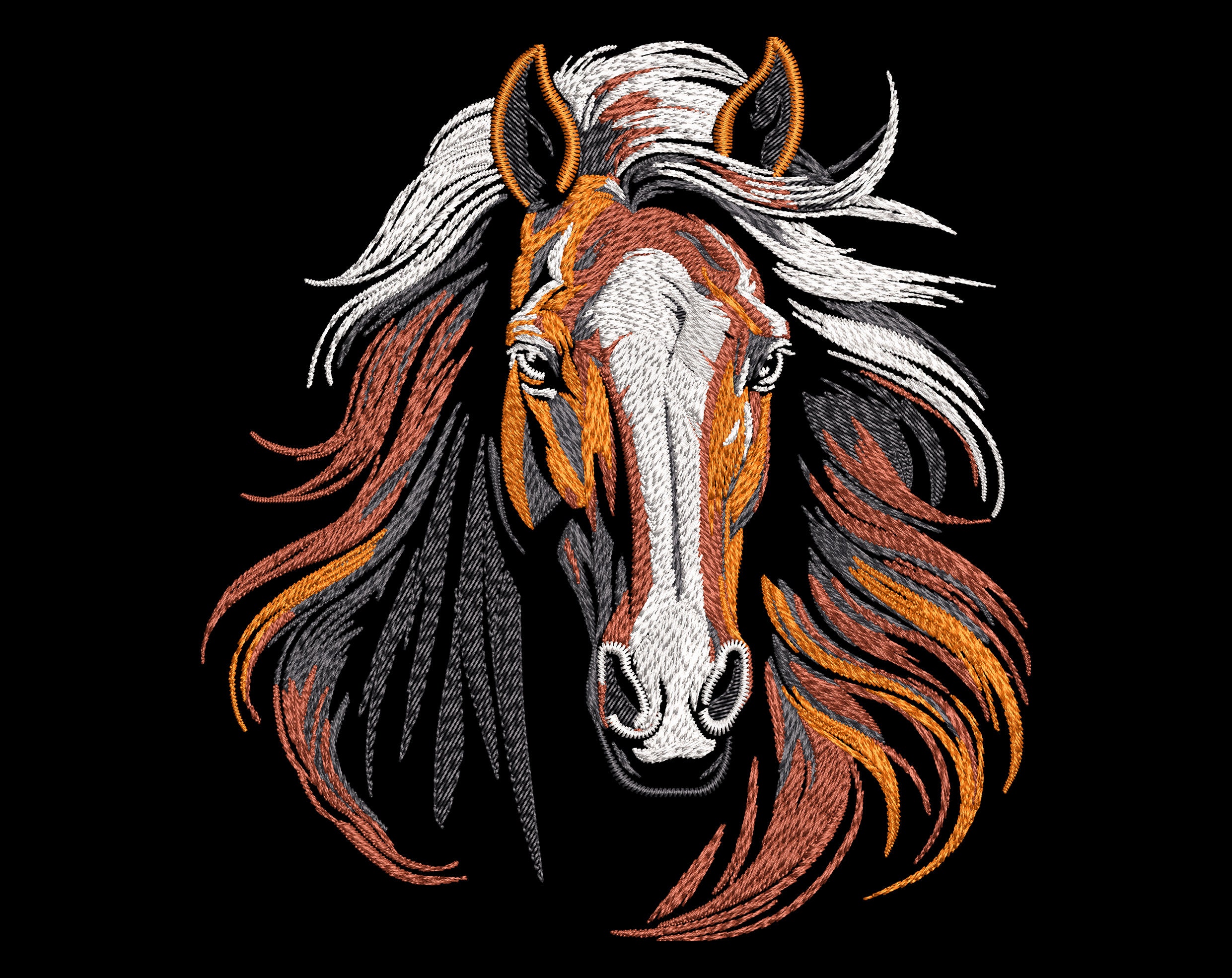 エレガントな馬の顔の刺繍デザイン - ダークな生地に合う高貴な動物の