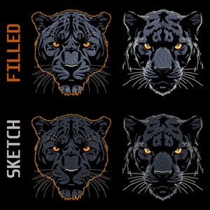 Realistic Panther Head Embroidery Designs Bundle, Filled & Sketch Stitch for Dark Fabrics, Enigmatic Wild Animal Power, Mystic Jungle Feline