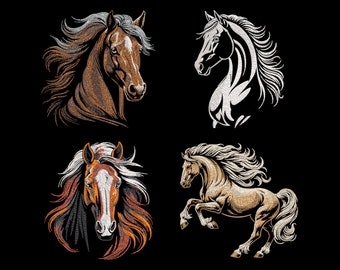 May include: Four embroidered images of horses. The first image is a brown horse with a white mane and tail. The second image is a white horse with a black mane and tail. The third image is a brown and white horse with a brown mane and tail. The fourth image is a brown horse with a white mane and tail, running with its legs raised.