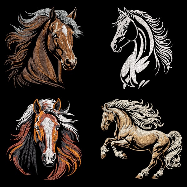 Realistic Horses Embroidery Designs Bundle - Noble Animal for Dark Fabric, Fill Stitch Graceful Mane, Equestrian Lovers Gift, PES files