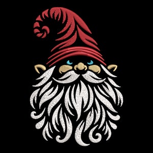 May include: Embroidered gnome face with a red pointed hat and a white curly beard. The gnome has blue eyes and a small nose.