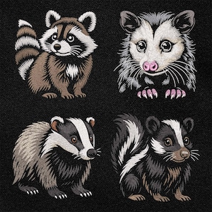 Könnte beinhalten: Gestickte Tierdesigns auf schwarzem Hintergrund. Das Bild zeigt einen Waschbären, ein Opossum, einen Dachs und ein Stinktier. Jedes Tier ist in einem detaillierten, cartoonartigen Stil mit realistischen Farben und Schattierungen dargestellt. Der Waschbär hat einen gestreiften Schwanz, und das Stinktier hat einen gestreiften Schwanz.