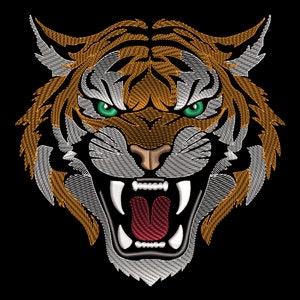 Quick Stitch Fierce Tiger Embroidery Design - Sketch Angry Wild Animal Face for Dark Fabric, Jungle Predator Power Machine Files