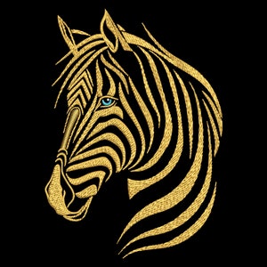 May include: A gold embroidered zebra head with a blue eye. The zebra's stripes are detailed and intricate.