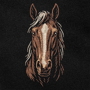 May include: Embroidered image of a brown horse's head with a white stripe down the nose. The horse has a long mane and a dark brown muzzle.