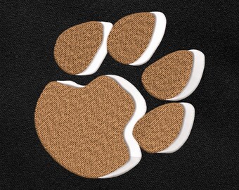 May include: An embroidered paw print design featuring a large central pad and four smaller toe pads. The pads are rendered in a textured brown thread with a distinct white border, set against a solid black fabric background with a visible weave.