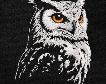 Owl Embroidery Design, Horned Owl Digital Pattern for Dark Textile, Bird of Prey Machine Embroidery File, Woodland Animal Art DIY Craft Gift