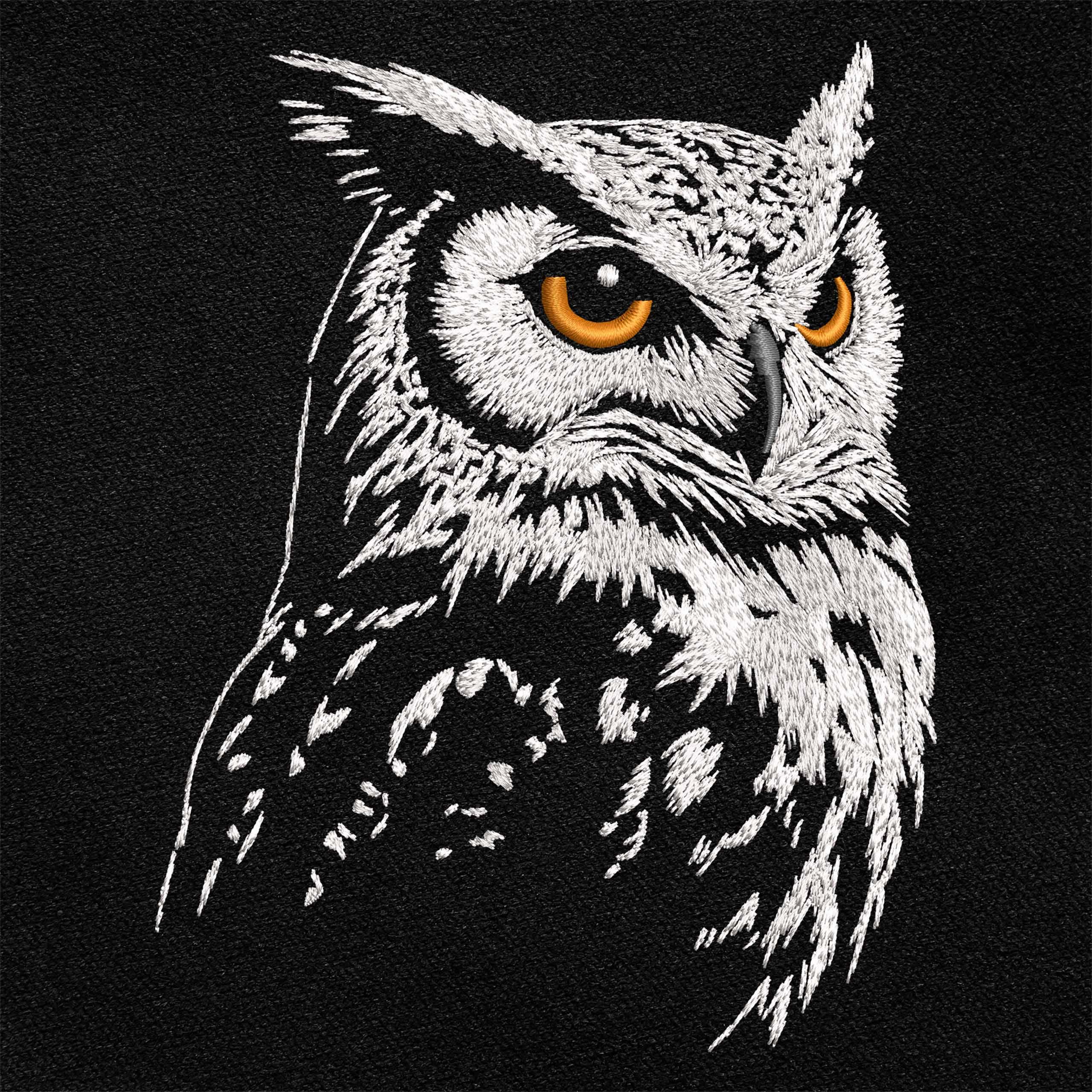 Owl Embroidery Design, Horned Owl Digital Pattern for Dark Textile, Bird of Prey Machine Embroidery