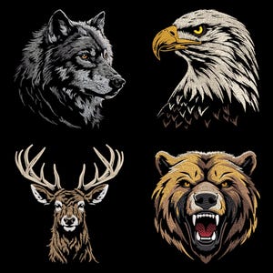 American Wildlife Embroidery Design Bundle, Wolf, Bear, Deer, Bald Eagle, Realistic Animal Heads optimized for Black Textile Gift, PES files
