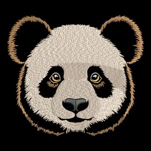 May include: Embroidered panda bear face with black eyes, a black nose, and brown fur. The panda's face is white with black markings around the eyes.