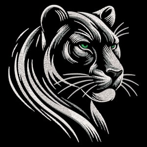 Enigmatic White Panther Embroidery Design - Mystic Jungle Animal Face for Dark Textiles, Machine Pattern Files in 6 Sizes for Nature Lovers