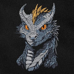 Könnte beinhalten: Gestickter Drachenkopf mit orangefarbenen Augen, grauen und blauen Schuppen und einem gelben Kamm. Der Drache ist auf schwarzem Hintergrund dargestellt und zeigt detaillierte Stickereien und ein Fantasy-Thema.