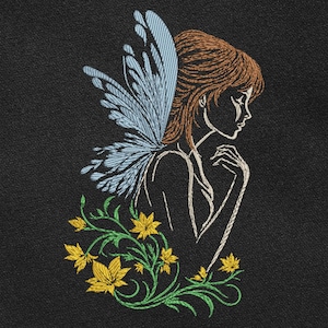 Ricamo di fata floreale, file di folletto alato in tessuto scuro, cuscino/borsa regalo per amanti del fantasy