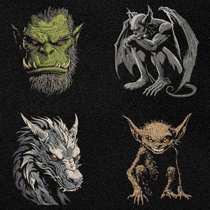 May include: Four fantasy creature illustrations on a black background. The images include a green orc with red eyes, a gray gargoyle, a gray dragon-like creature, and a brown goblin with sharp teeth.