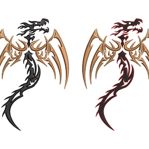 May include: Two stylized tribal dragon designs with wings and a long tail. One dragon is black with brown wings, and the other is red with brown wings.