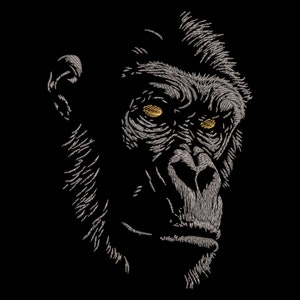 May include: A close-up of a gorilla's face, rendered in black and white with yellow eyes. The gorilla's fur is detailed with fine lines, creating a realistic and textured look.