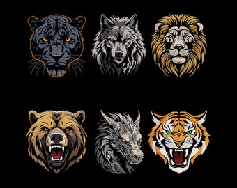 Wild Predators Embroidery Designs Bundle - Fierce Bear, Tiger, Mystic Wolf, Dragon, Black Panther, Noble Lion, Magic Nature Fill Stitch PES