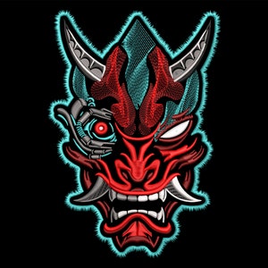 Cyberpunk broderidesign, Halloween stort Cyber Oni demon ilsket huvud, maskinbroderifiler i 5 storlekar