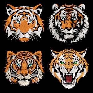 Expressive Tiger Heads Embroidery Designs SET - Jungle Kings for Black Fabric, Fill Stitch Wild Animal Face, Exotic Big Cats Machine Files