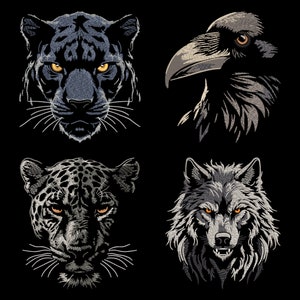 May include: A digital illustration of four animal heads: a black panther, a raven, a leopard, and a wolf. Each animal has a fierce expression and piercing yellow eyes.