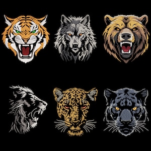 Fierce Predators Embroidery Designs SET, Angry Tiger, Bear, Lion, Mystic Jaguar, Panther, Wolf Head, Wild Gaze Optimized for Dark Fabric