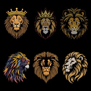 ロイヤルライオンヘッド刺繍デザインセット - 王冠のアクセントが付いた高貴な動物の顔、ダークファブリックに最適化された、堂々とした金色の野生動物の威厳