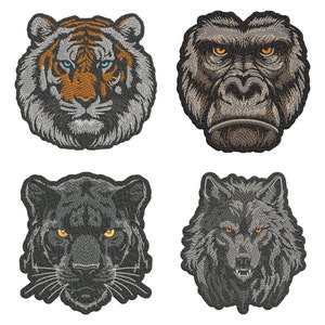Powerful Animals Embroidery Designs Bundle - Realistic Brutal Wild, Tiger, Panther, Gorilla, Wolf Head, Pattern Files, Filled Black Underlay