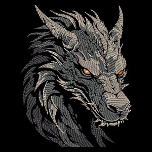 Design ricamo testa di drago mistico - Schizzo di creatura fantasy, motivo punto chiaro per tessuti scuri, file PES dell'emblema del potere della bestia magica