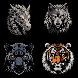 May include: Four animal heads with fierce expressions. A gray dragon, a gray wolf, a black panther, and an orange and black tiger.