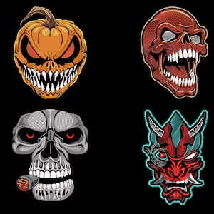 May include: Four Halloween-themed illustrations: a grinning jack-o'-lantern, a red skull with bared teeth, a gray skull with red eyes smoking a cigar, and a red and blue oni mask with a single mechanical eye.