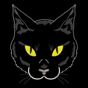黒猫の顔の刺繍デザイン、黄色い目をしたリアルな動物、4 サイズの機械 PES ファイル