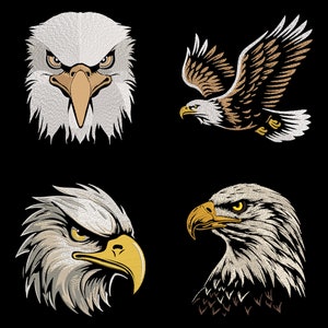 May include: Four embroidered eagle designs on a black background. The designs include a front-facing eagle head, an eagle in flight, and two side profiles of eagle heads. The eagles feature detailed feathering and golden beaks.